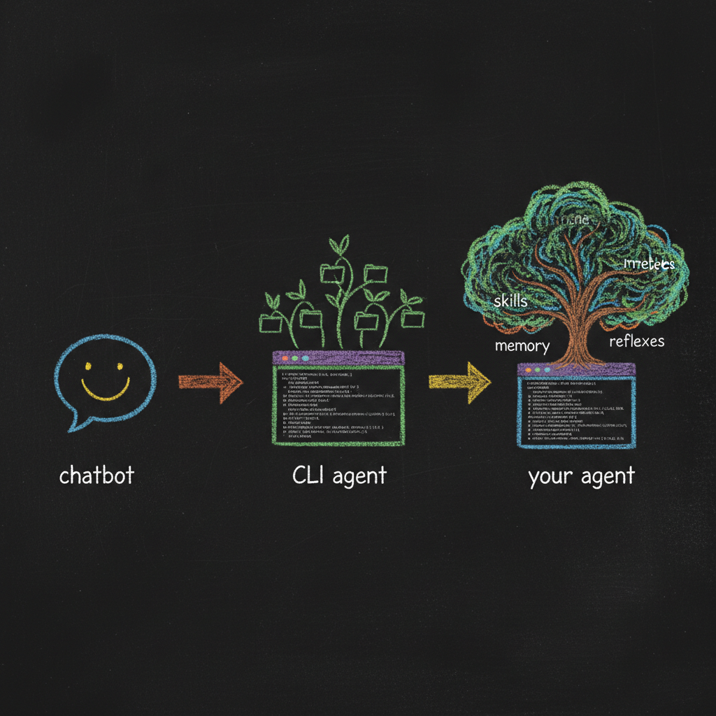 Three-stage evolution from simple chatbot to CLI agent to a living tree organism, drawn in colored chalk on a dark chalkboard