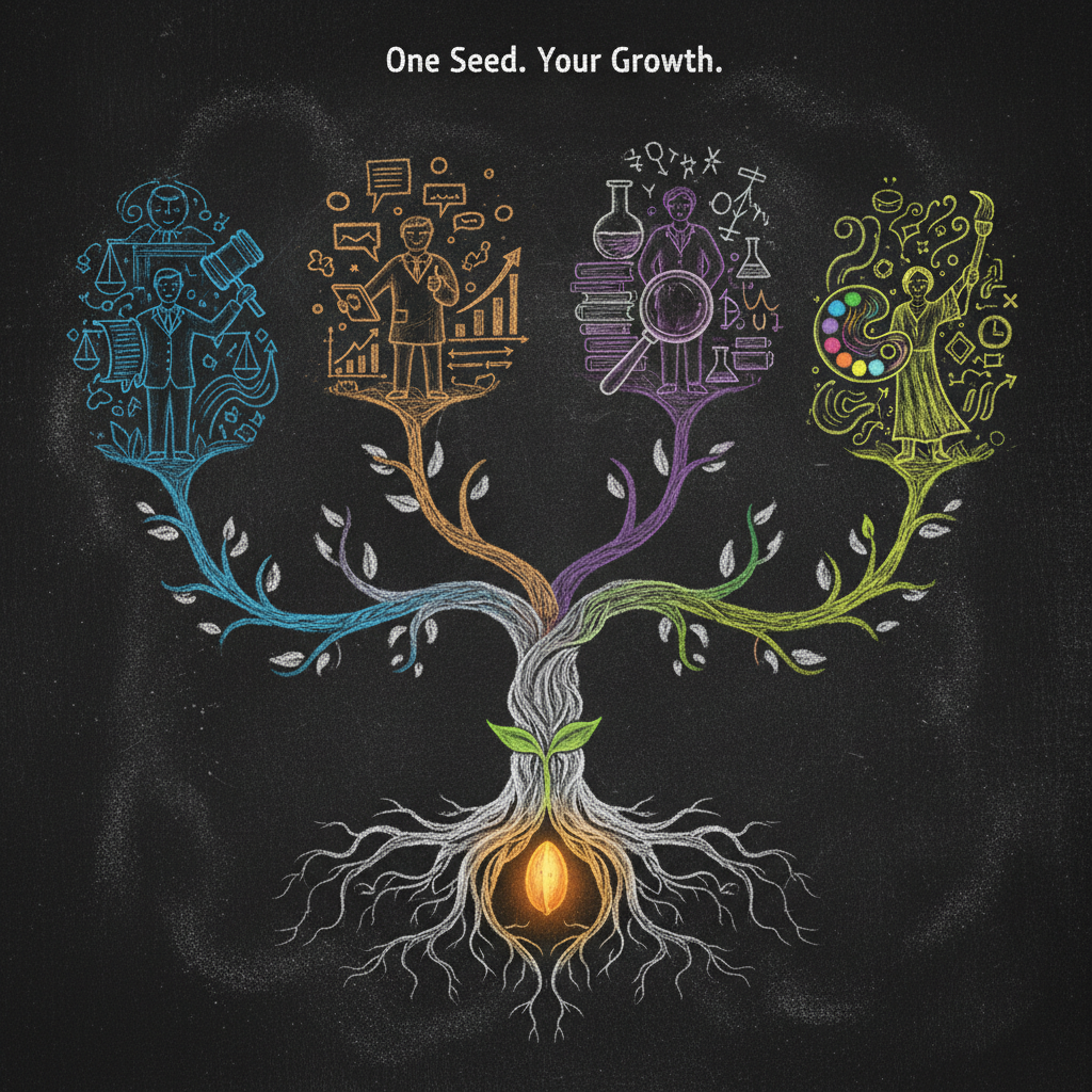 A glowing seed growing into a tree with branches for different professions, drawn in colored chalk on a dark chalkboard