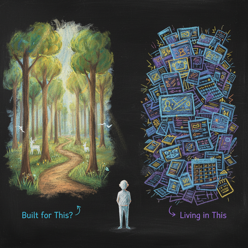 A person at a crossroads between a peaceful forest and an overwhelming wall of screens, drawn in colored chalk on a dark chalkboard