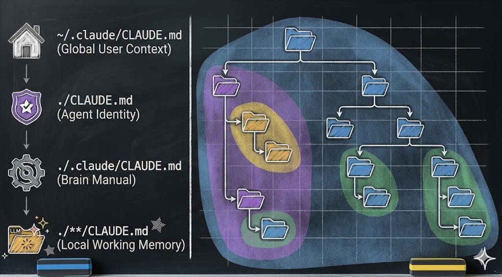 Chalkboard diagram showing four levels of CLAUDE.md hierarchy on the left: ~/.claude/CLAUDE.md (Global User Context), ./CLAUDE.md (Agent Identity), ./.claude/CLAUDE.md (Brain Manual), ./**/CLAUDE.md (Local Working Memory). On the right, a nested folder tree visualization with colored zones showing how these levels scope from broad global context down to local working memory in subdirectories.