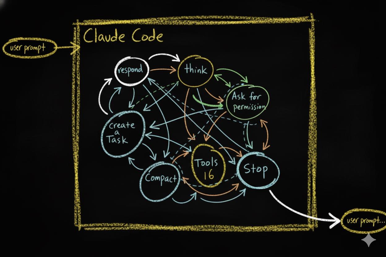 Markov chain diagram showing Claude Code's action space as probabilistic state transitions. Multiple states like PLAN, EXECUTE, OBSERVE connected by arrows representing probabilistic choices. Raw input enters from one side — the LLM bounces between states based on probabilities, not structure.