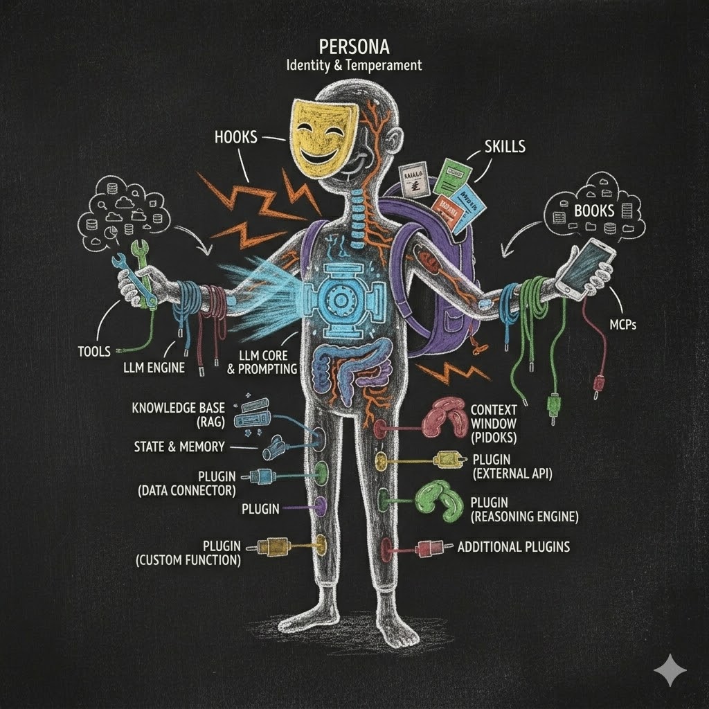 Chalk illustration showing a human body in cutaway view where each organ represents an agent component: a glowing engine in the chest (LLM), a theatrical mask for the face (Persona), lightning bolts along the spine (Hooks as reflexes), tools and cables reaching from the hands (MCPs as connections to the outside world), skill cards and manuals in the head area (Skills), and modular organs being plugged in from outside (Plugins).