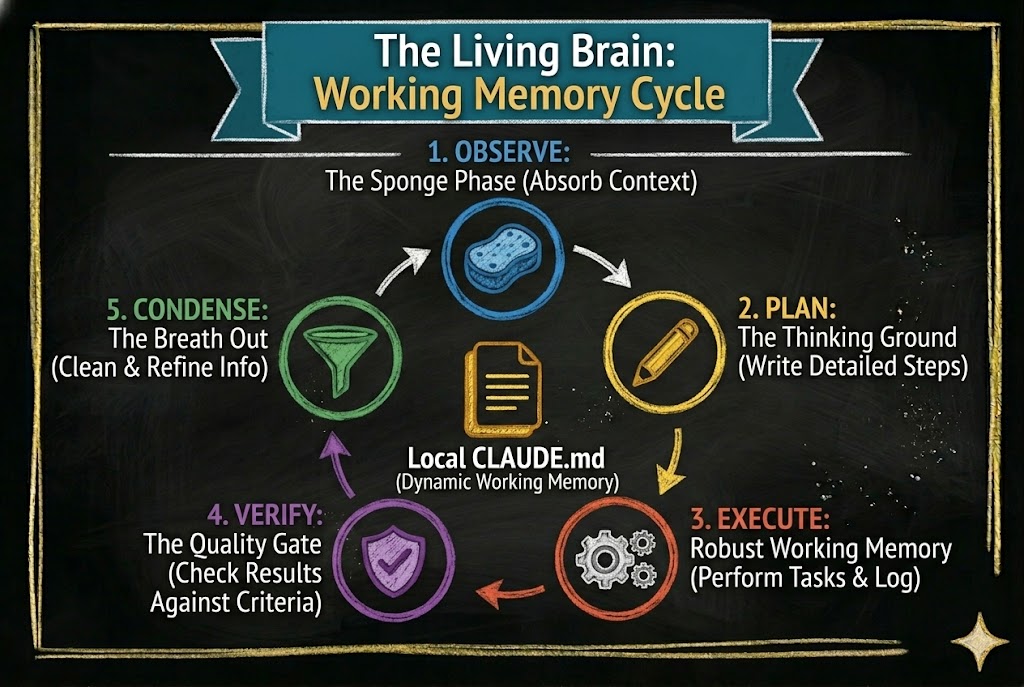 Chalkboard diagram titled 'The Living Brain: Working Memory Cycle' showing five phases in a circle: 1. OBSERVE (The Sponge Phase — Absorb Context), 2. PLAN (The Thinking Ground — Write Detailed Steps), 3. EXECUTE (Robust Working Memory — Perform Tasks and Log), 4. VERIFY (The Quality Gate — Check Results Against Criteria), 5. CONDENSE (The Breath Out — Clean and Refine Info). Local CLAUDE.md (Dynamic Working Memory) sits at the center.