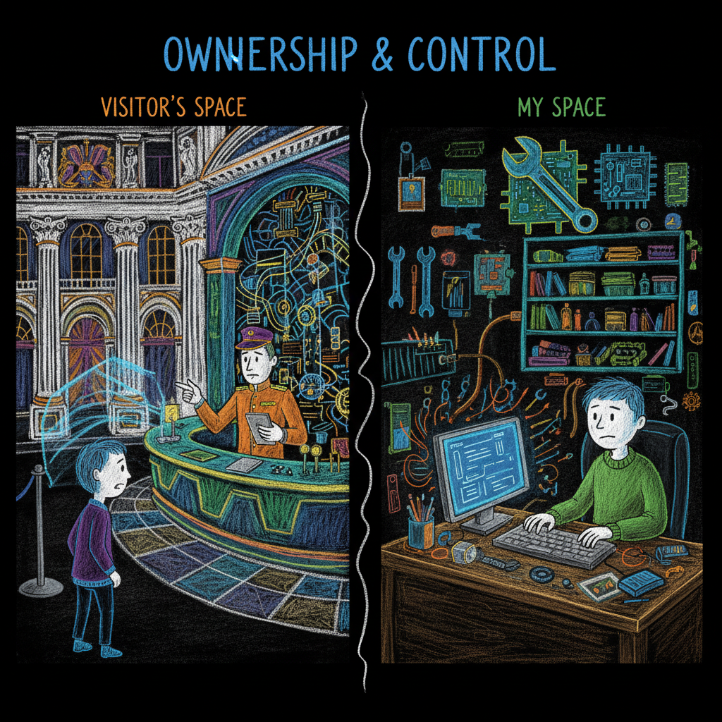 Chalk illustration split into two scenes. Left: a person standing small in a grand hotel lobby or corporate office — they are a visitor in someone else's space. Right: the same person sitting comfortably at their own desk in a workshop filled with their own tools, files, and equipment — they own and control everything. Title reads: Ownership and Control.
