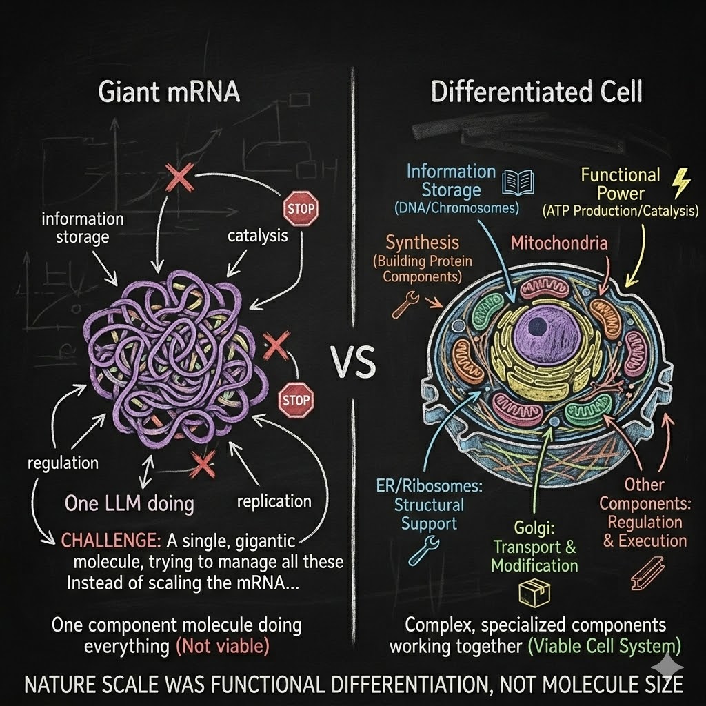 Chalkboard diagram: left shows a tangled Giant mRNA with red X marks on information storage, catalysis, regulation, and replication — one component doing everything (not viable). Right shows a Differentiated Cell with labeled organelles: DNA/Chromosomes for storage, Mitochondria for power, ER/Ribosomes for structural support, Golgi for transport. Footer reads 'Nature scaled functional differentiation, not molecule size'.