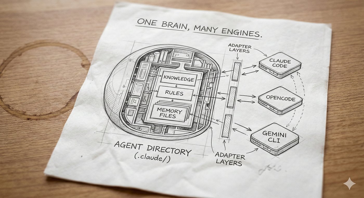 Hand-drawn sketch titled 'One Brain, Many Engines' showing an Agent Directory (.claude/) containing Knowledge, Rules, and Memory Files at center. Adapter Layers connect it to three interchangeable platforms: Claude Code, OpenCode, and Gemini CLI.