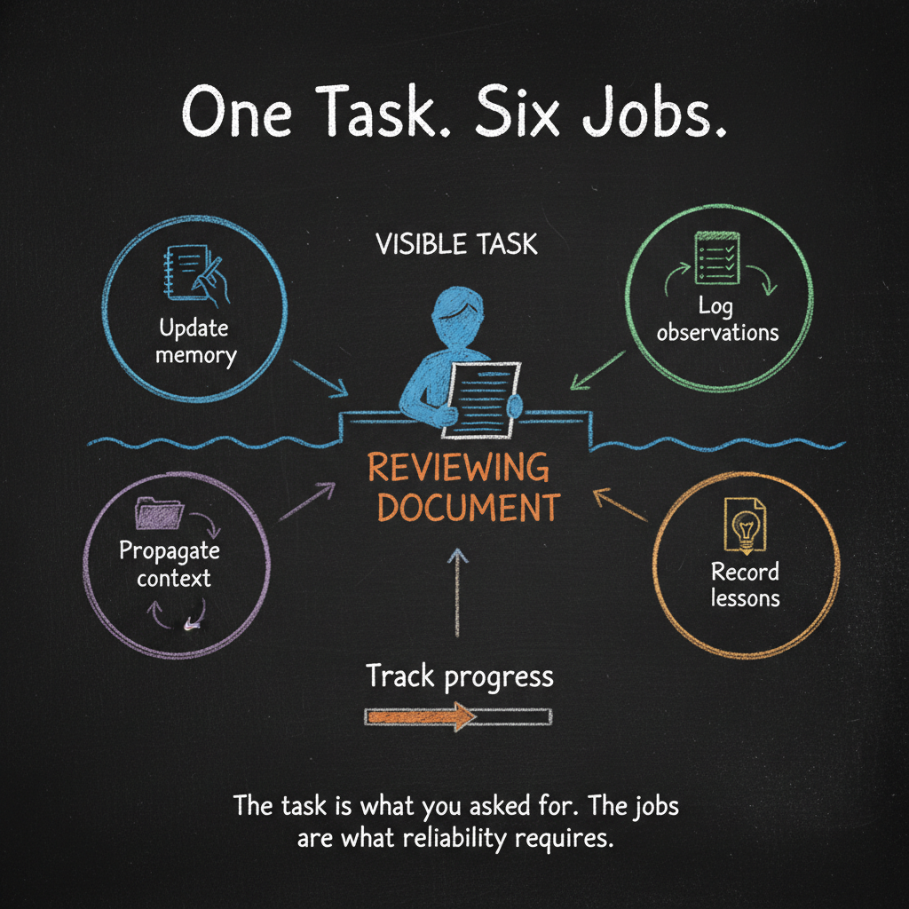 Chalkboard infographic showing an agent reviewing a document as the visible task in the center, surrounded by five parallel invisible jobs: Update memory, Log observations, Propagate context, Record lessons, and Track progress. Title: One Task. Six Jobs. The task is what you asked for. The jobs are what reliability requires.
