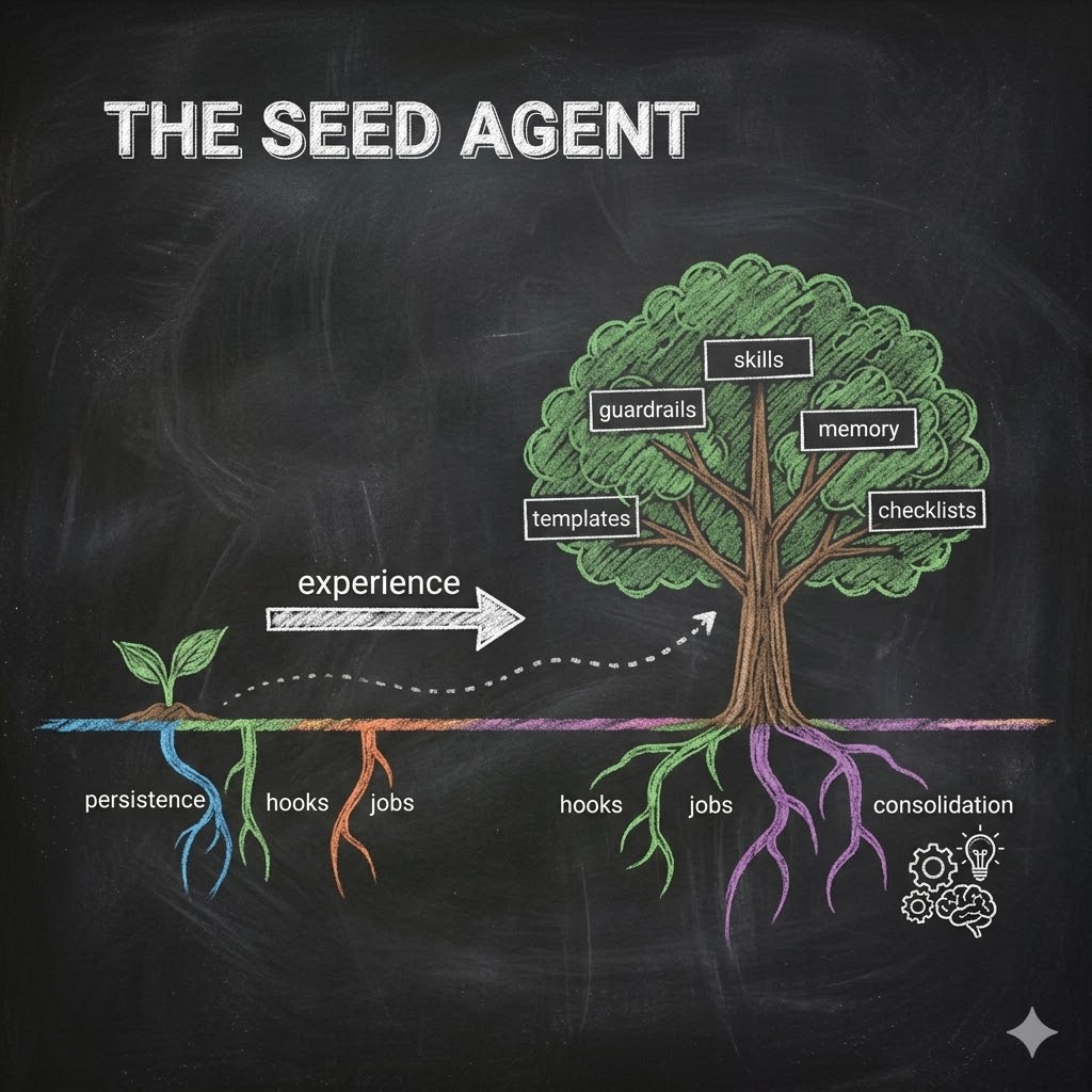 Chalkboard diagram titled 'The Seed Agent' showing a small seedling on the left with colored roots labeled persistence, hooks, and jobs. An arrow labeled 'experience' points to a large tree on the right with branches holding skills, guardrails, memory, templates, and checklists. The tree's roots now include hooks, jobs, and consolidation — same identity, compounded capability.