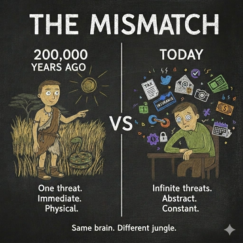 Chalkboard diagram titled 'The Mismatch' showing a split comparison: left side shows a human spotting a snake in tall grass 200,000 years ago with text 'One threat. Immediate. Physical.' Right side shows the same human today overwhelmed by floating icons of emails, tax forms, social media, and notifications with text 'Infinite threats. Abstract. Constant.' Bottom reads 'Same brain. Different jungle.'