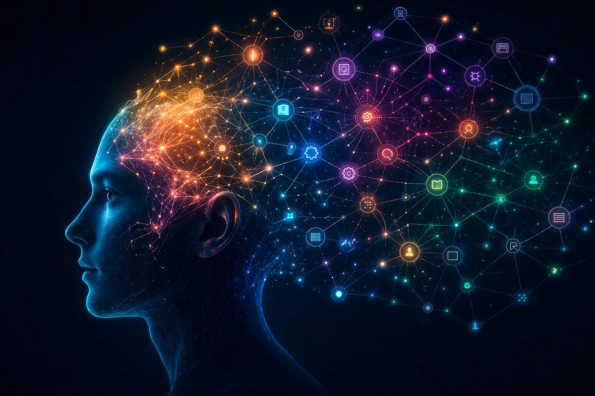 A profile silhouette with a glowing brain network spilling outward into a constellation of colorful domain icons — visualizing how a single mind extends into many areas of professional work.