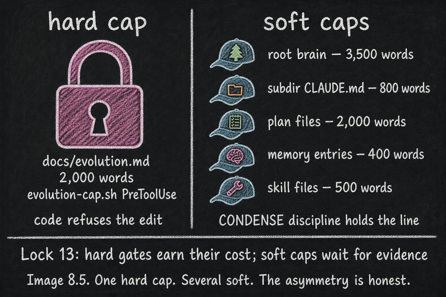 Left column "hard cap" with a single chalk padlock; right column "soft caps" with multiple wavy-line caps. A short note beneath each column names what holds each line