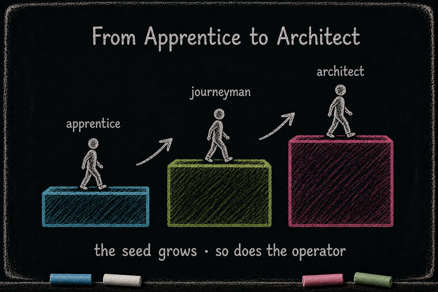 Three ascending stages of the operator's arc (apprentice → journeyman → architect), with seed-evolution markers visible at each stage. This is the og:image source for the B8 series (Essays 8.2-8.9 use this as their social card; opener 8.1 uses its own three-growth-axes image below). Lives on disk at blog/b8/images/maturation-arc-b8-banner.png